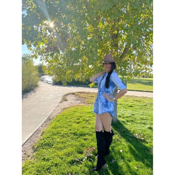 Womens Black Faux Suede Knee High Side Zipper Chunky Heel Winter Stretch Boots - Picture 5 of 8